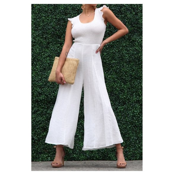 White Bohemian Lace Up Back Wide Leg Palazzo Jumpsuit Pantsuit Jumper - Picture 4 of 5